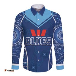 Personalised Indigenous NSW Blues Rugby Long Sleeve Button Shirt State Of Origin Blue Dynamic