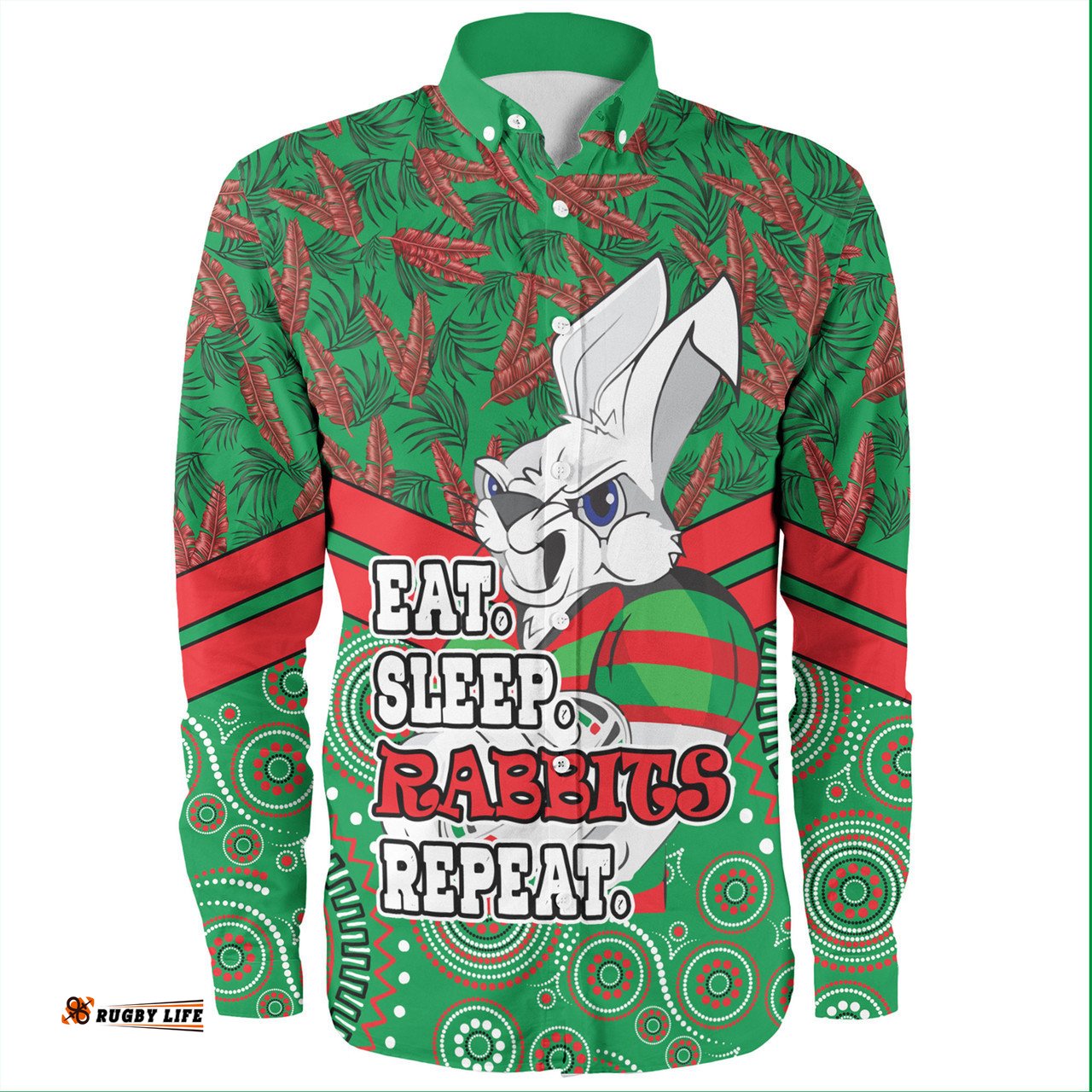 South Sydney Rabbitohs Long Sleeve Button Shirt - Tropical Patterns And Dot Painting Eat Sleep Rugby Repeat