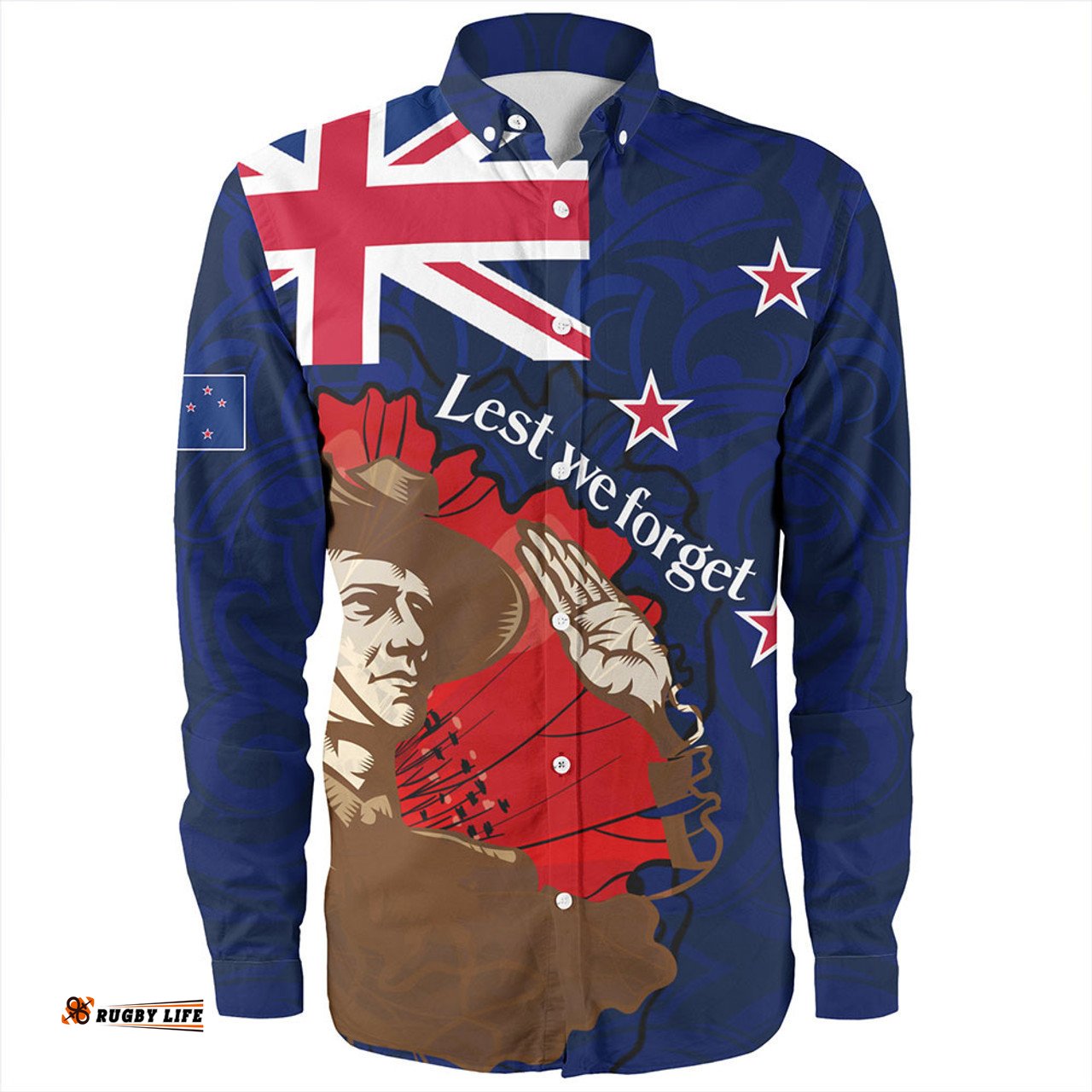 New Zealand Warriors Anzac Day Custom Long Sleeve Button Shirts - FLag Anzac Day Maori Patterns Long Sleeve Button Shirts