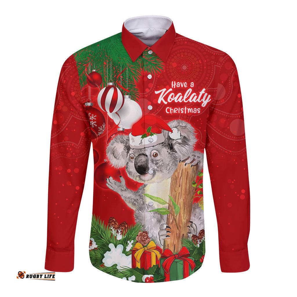 Koala Lover Long Sleeve Button Shirt Australia Merry Christmas Aboriginal