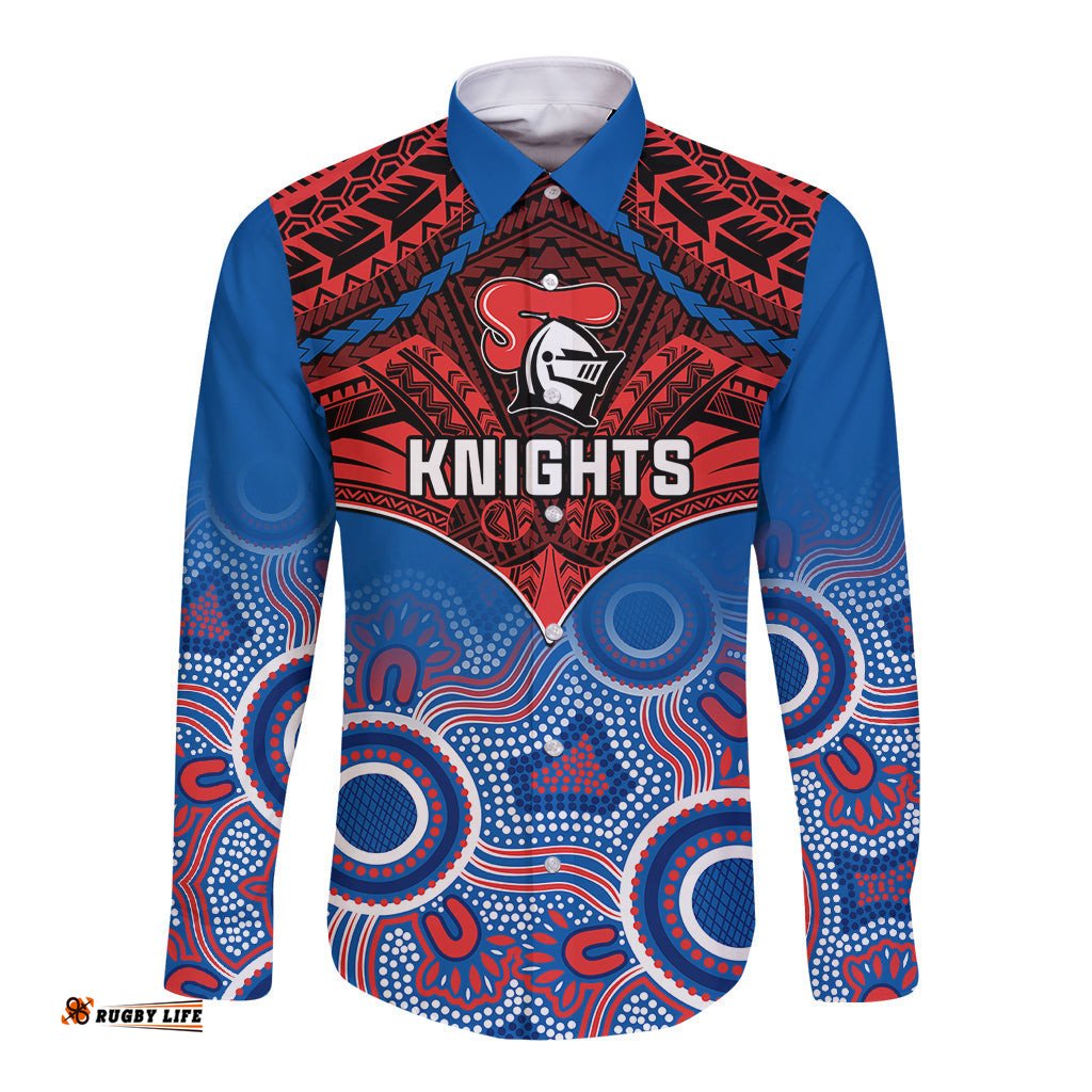 Knights Rugby Long Sleeve Button Shirt Aboriginal Mix Polynesian Pattern