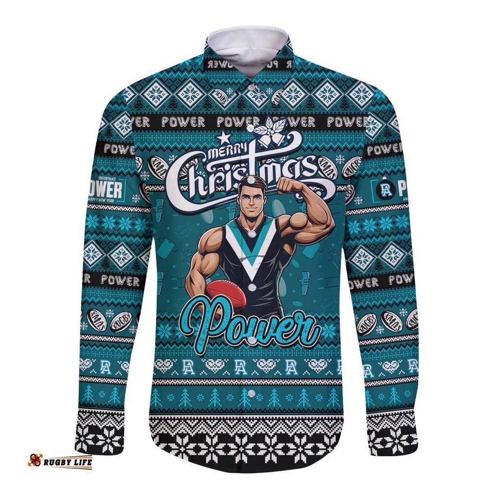 Personalized Power Football Xmas Long Sleeve Button Shirt Australia AFL Mascot