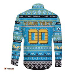 Personalized Titans Rugby Xmas Long Sleeve Button Shirt Australia NRL Mascot