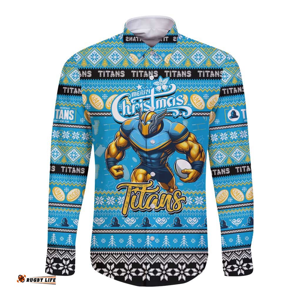 Personalized Titans Rugby Xmas Long Sleeve Button Shirt Australia NRL Mascot