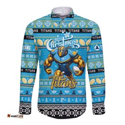 Personalized Titans Rugby Xmas Long Sleeve Button Shirt Australia NRL Mascot