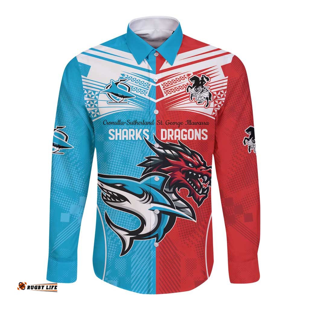 Custom Sharks-Dragons Rugby Long Sleeve Button Shirt With Sporty Style