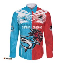 Custom Sharks-Dragons Rugby Long Sleeve Button Shirt With Sporty Style