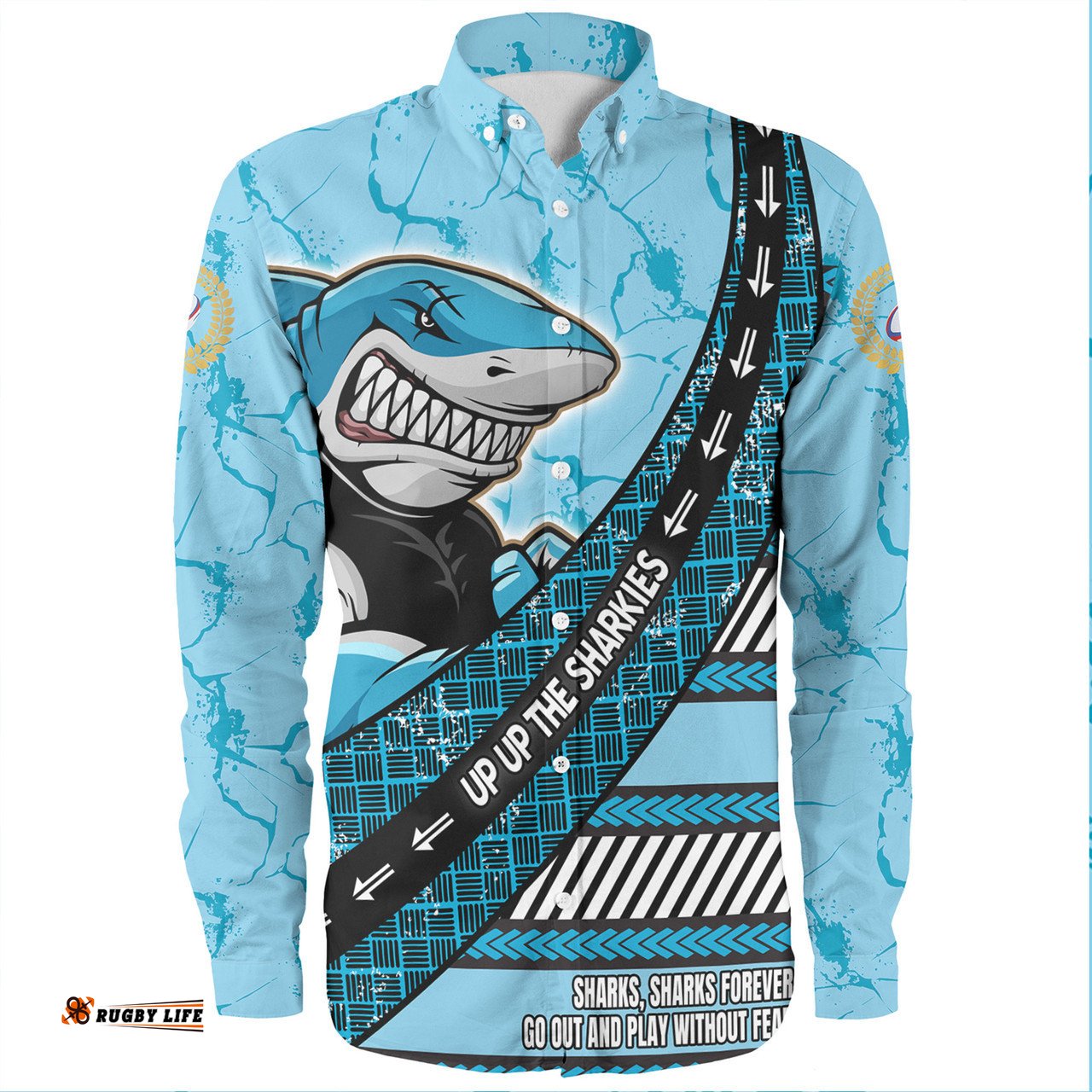 Cronulla-Sutherland Sharks Long Sleeve Button Shirt - Theme Song For Rugby With Sporty Style