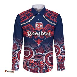 Personalised Roosters Rugby Long Sleeve Button Shirt Tricolours 1908 Aboriginal Mix Polynesian Pattern