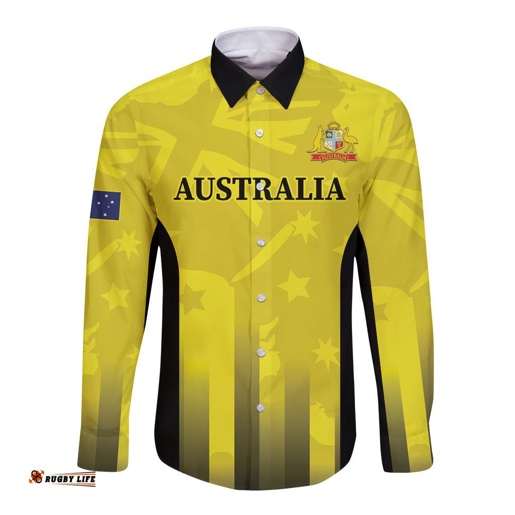 Custom Australia Cricket Long Sleeve Button Shirt 2024 World Cup Go Aussie Gold Version