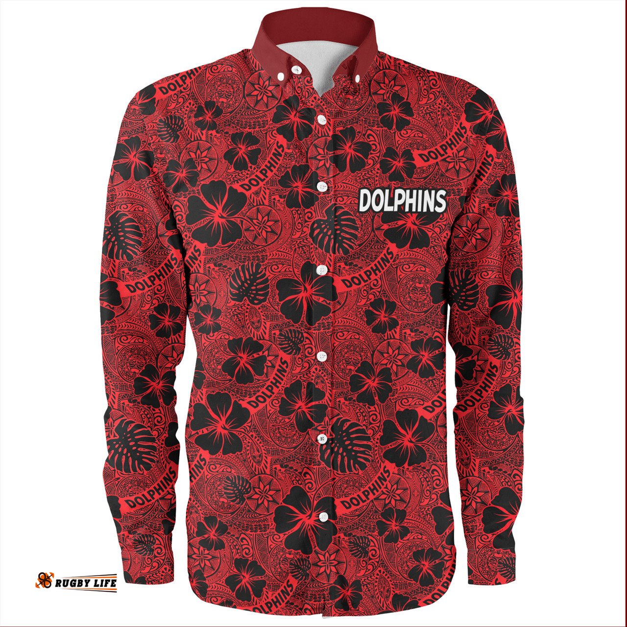 Redcliffe Dolphins Long Sleeve Button Shirt - Scream With Tropical Patterns