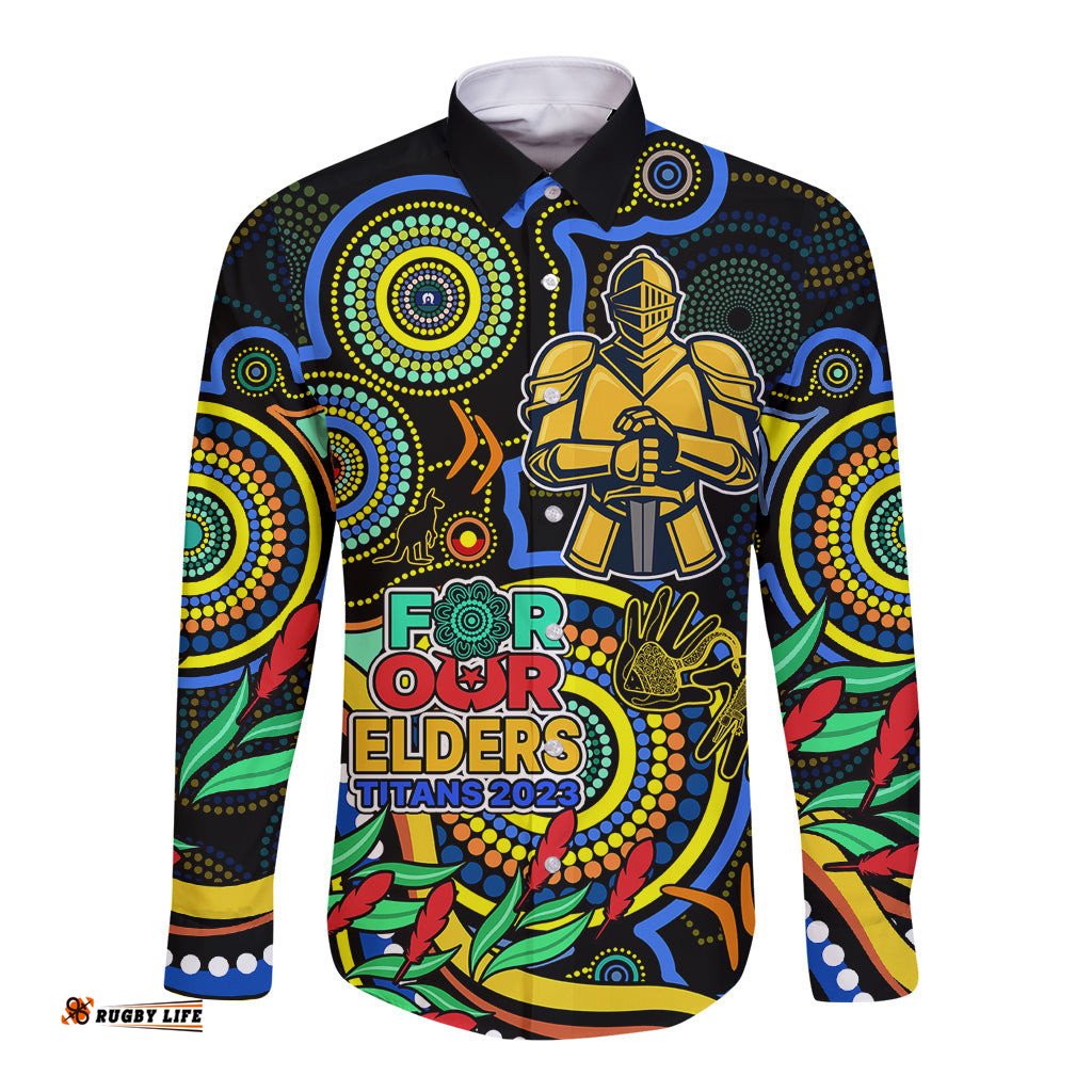 Custom Titans Rugby Aboriginal Art Long Sleeve Button Shirt NAIDOC Indigenous Tribal