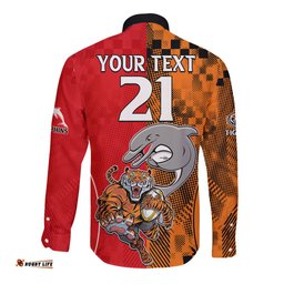 Custom Text And Number NRL Half Dolphins and Half Tigers Long Sleeve Button Shirt Sporty Style