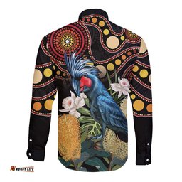 Australia Palm Cockatoo Long Sleeve Button Shirt Aussie Banksia - Aboriginal Pattern
