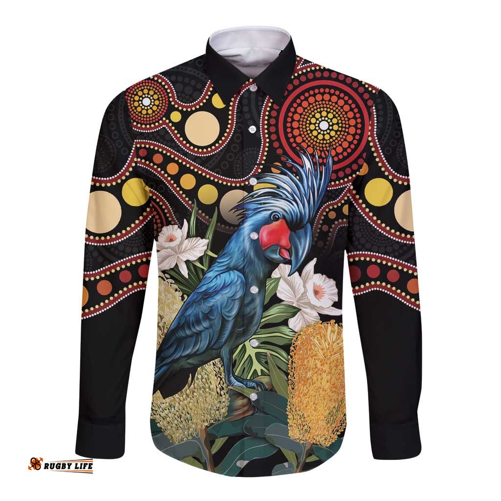 Australia Palm Cockatoo Long Sleeve Button Shirt Aussie Banksia - Aboriginal Pattern