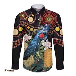 Australia Palm Cockatoo Long Sleeve Button Shirt Aussie Banksia - Aboriginal Pattern