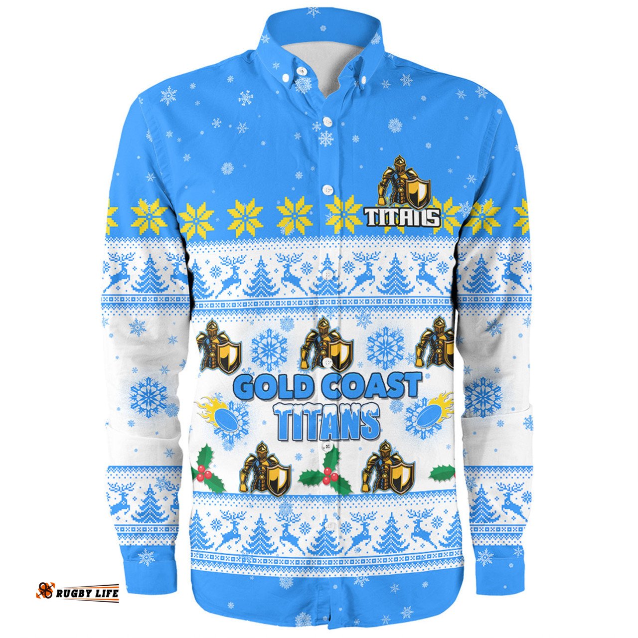 Gold Coast Titans Christmas Custom Long Sleeve Button Shirt - Special Ugly Christmas Long Sleeve Button Shirt