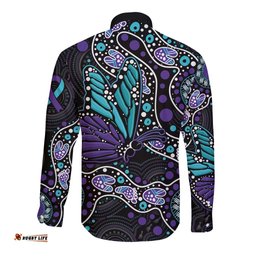 Australia Indigenous Long Sleeve Button Shirt Teal & Purple Ribbon Butterfly Aboriginal Arts