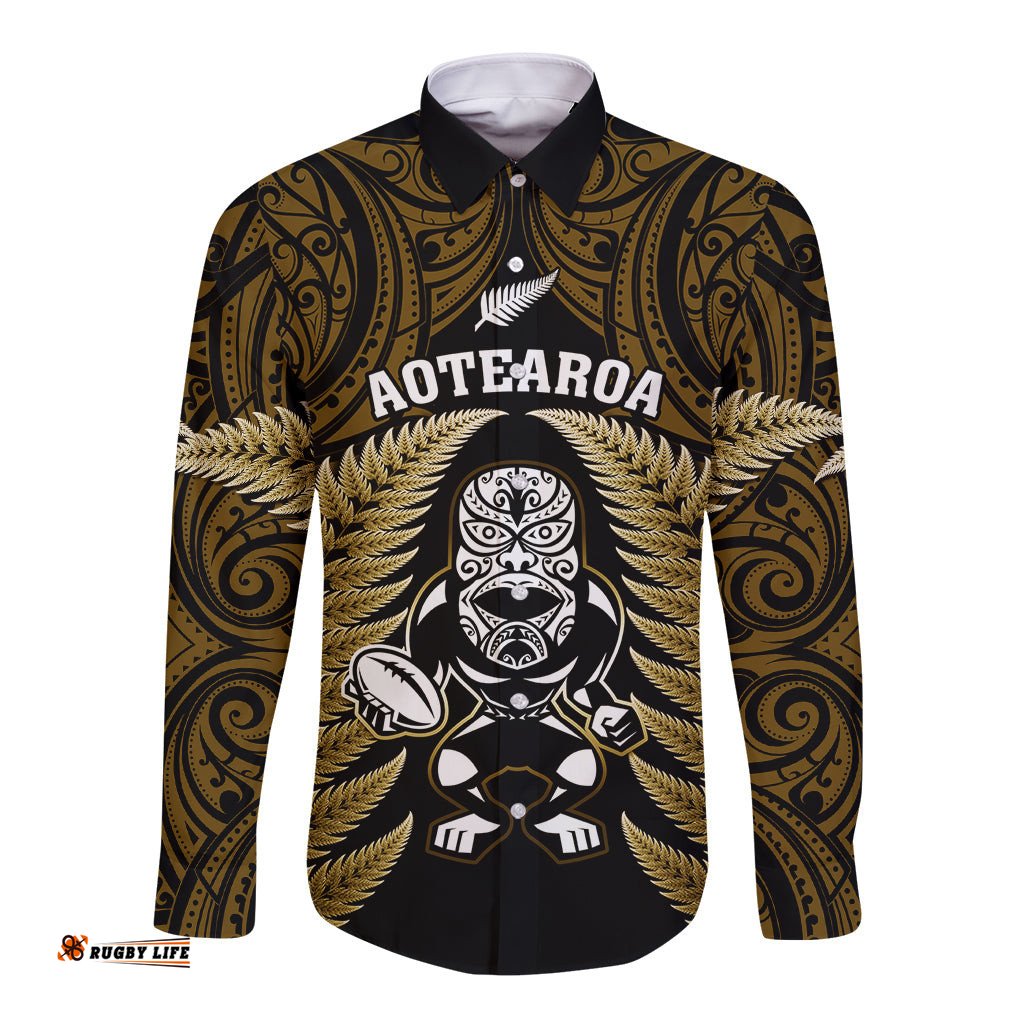 New Zealand Aotearoa Rugby Long Sleeve Button Shirt NZ Tiki With Maori Fern World Cup Gold Version