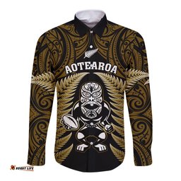 New Zealand Aotearoa Rugby Long Sleeve Button Shirt NZ Tiki With Maori Fern World Cup Gold Version