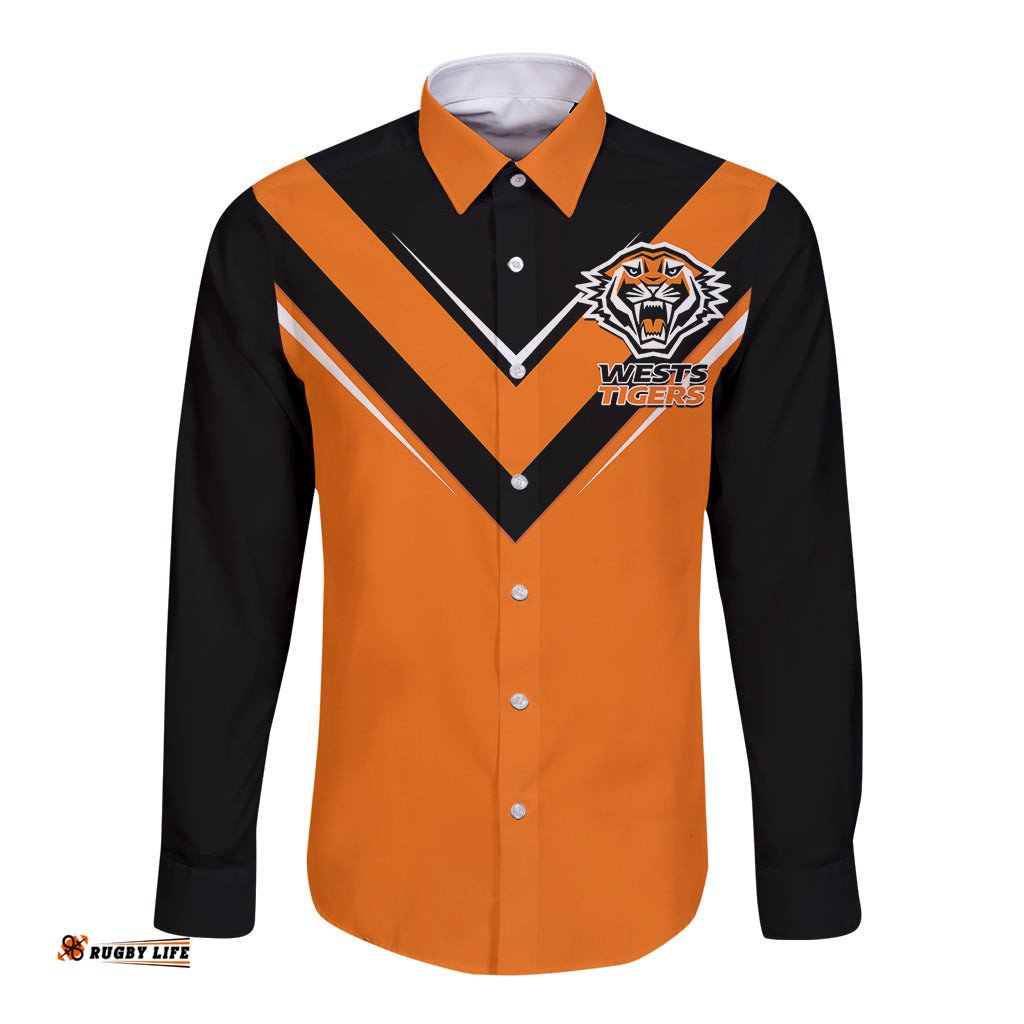 Wests Tigers Rugby Long Sleeve Button Shirt Orange Simple Style