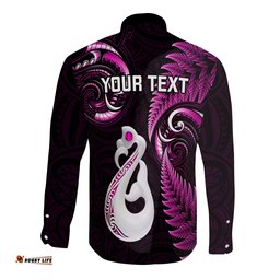 Personalised New Zealand Long Sleeve Button Shirt Aotearoa Silver Fern With Manaia Maori Unique Pink