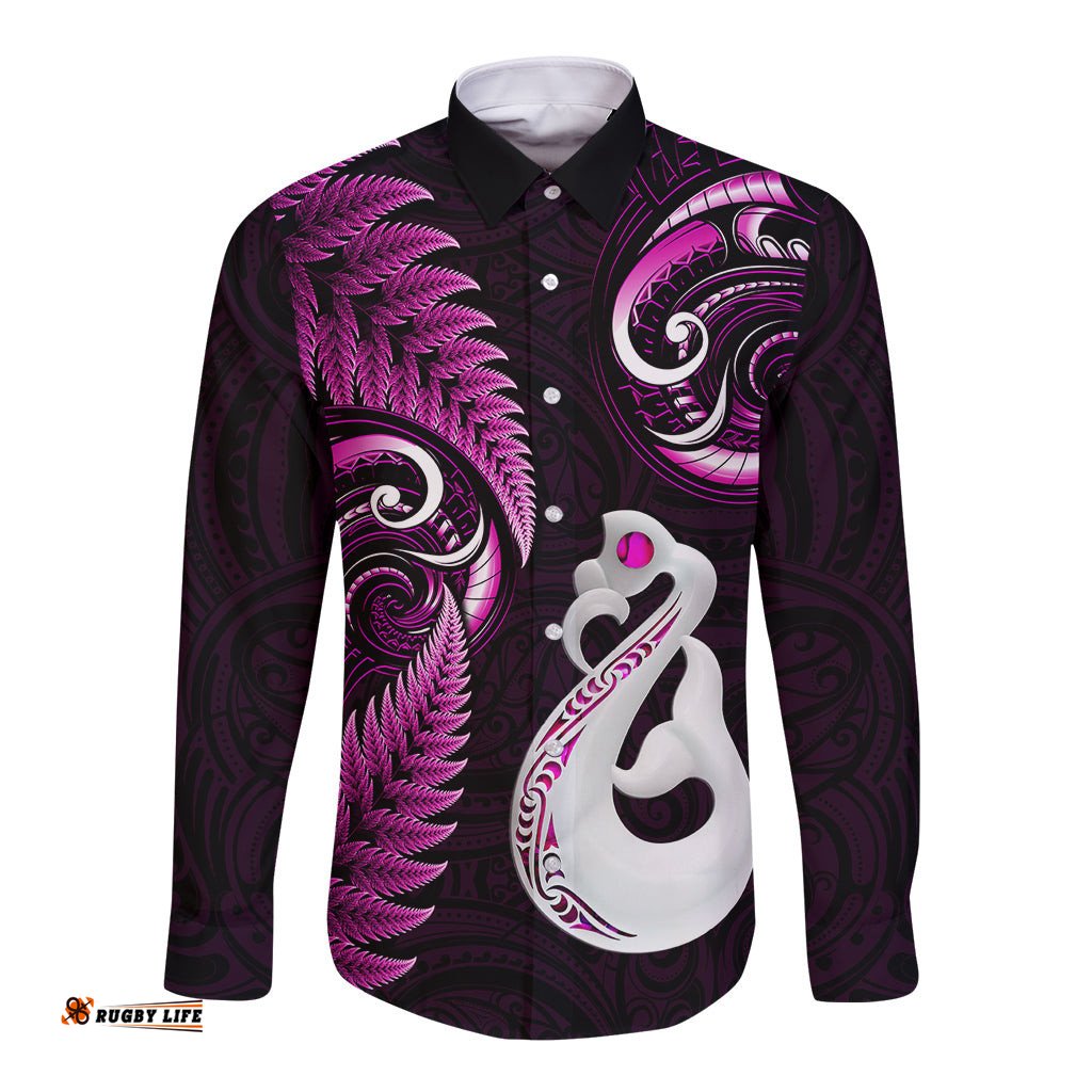 Personalised New Zealand Long Sleeve Button Shirt Aotearoa Silver Fern With Manaia Maori Unique Pink