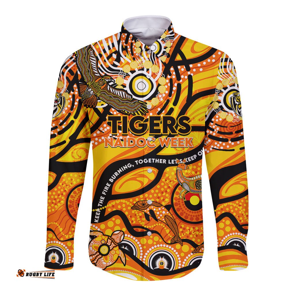 Custom NAIDOC Week 2024 Tiger Long Sleeve Button Shirt Aboriginal Animals Keep The Fire Burning