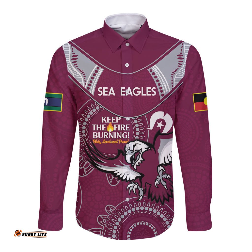 Custom NRL Sea Eagles NAIDOC Week Long Sleeve Button Shirt Keep The Fire Burning Indigenous Art