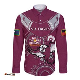 Custom NRL Sea Eagles NAIDOC Week Long Sleeve Button Shirt Keep The Fire Burning Indigenous Art