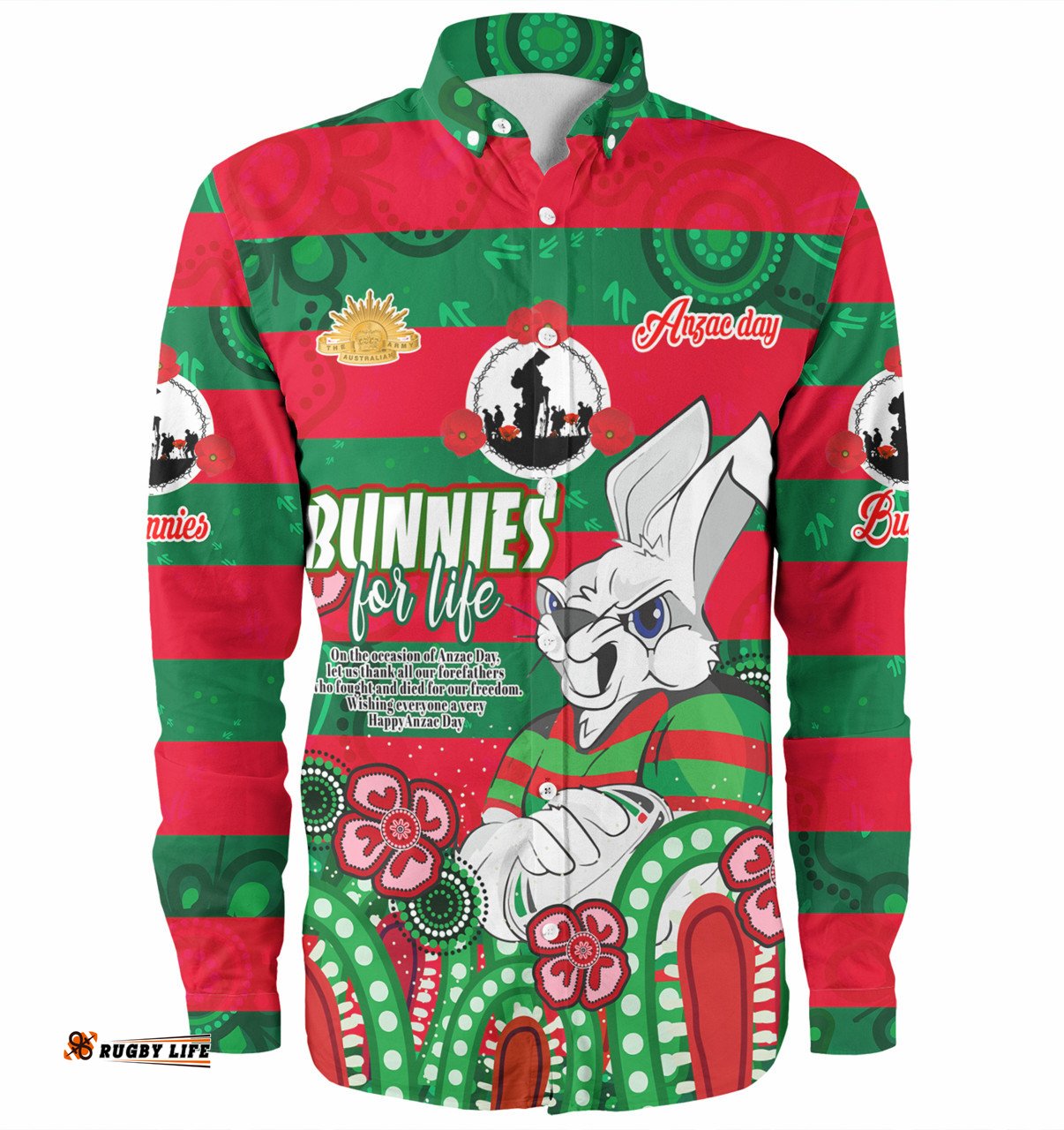South Sydney Rabbitohs Day Custom Long Sleeve Button Shirt - Bunnies For Life Anzac Quotes Shirt