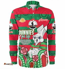 South Sydney Rabbitohs Day Custom Long Sleeve Button Shirt - Bunnies For Life Anzac Quotes Shirt