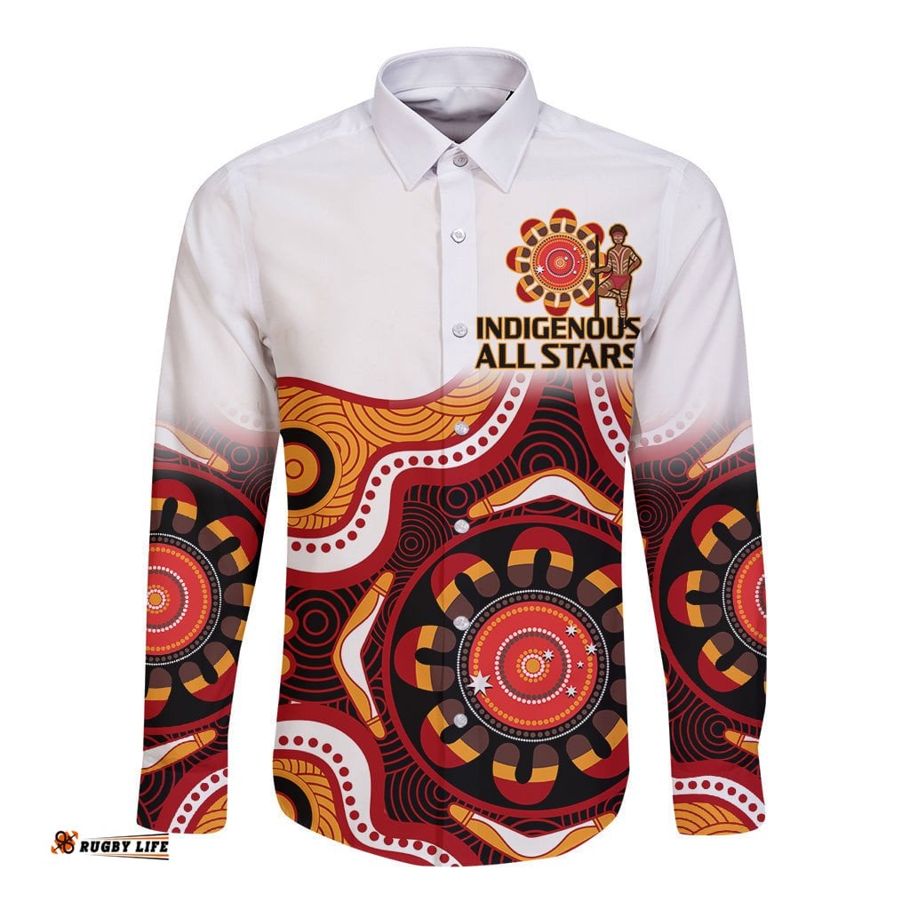 Custom Text And Number Australia Indigenous Rugby Long Sleeve Button Shirt All Stars Aborigine Dreamtime White Version