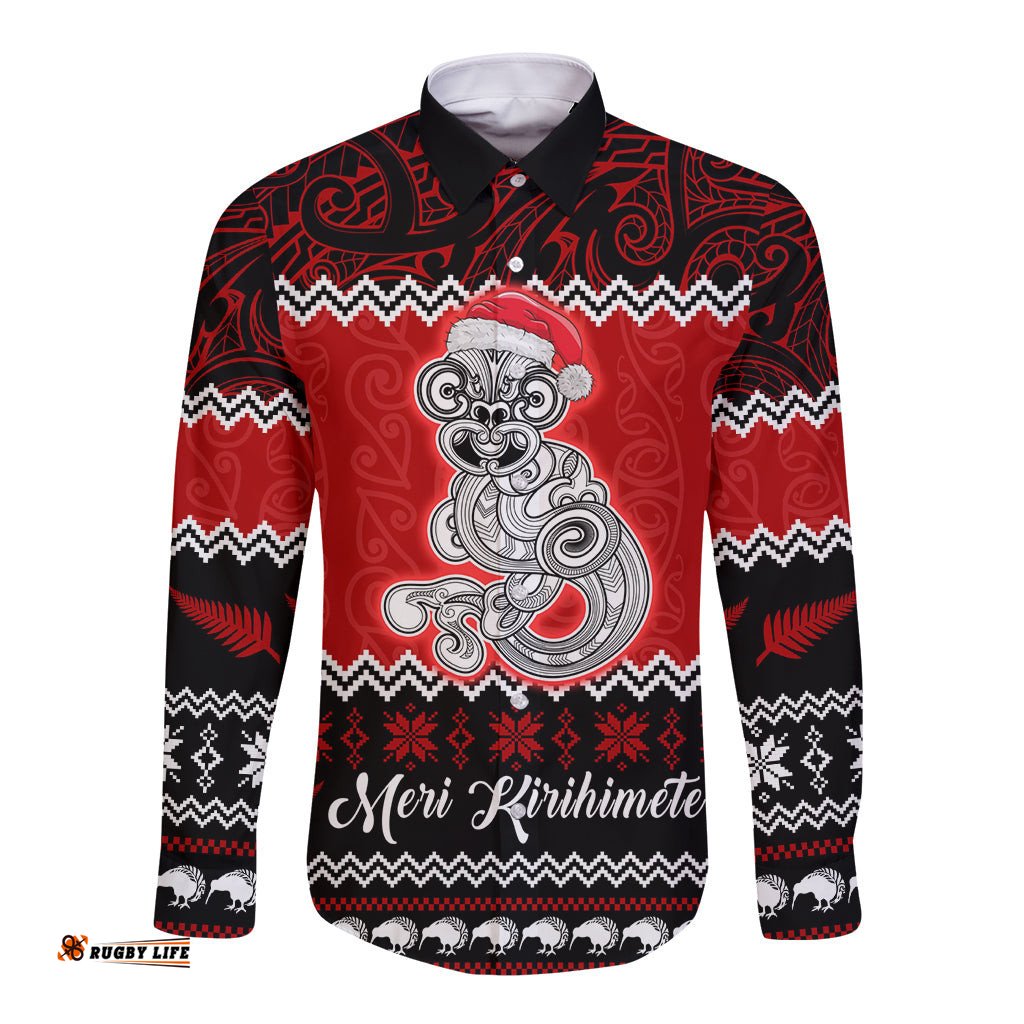 Personalised New Zealand Christmas Long Sleeve Button Shirt Maori Tiki Meri Kirihimete