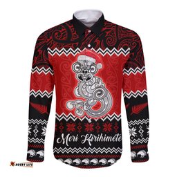 Personalised New Zealand Christmas Long Sleeve Button Shirt Maori Tiki Meri Kirihimete