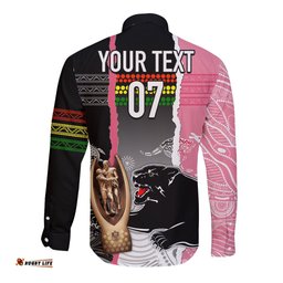 Personalised Panther Rugby NRL Premiers Long Sleeve Button Shirt Panther Pride Black & Pink Aboriginal Mix Art