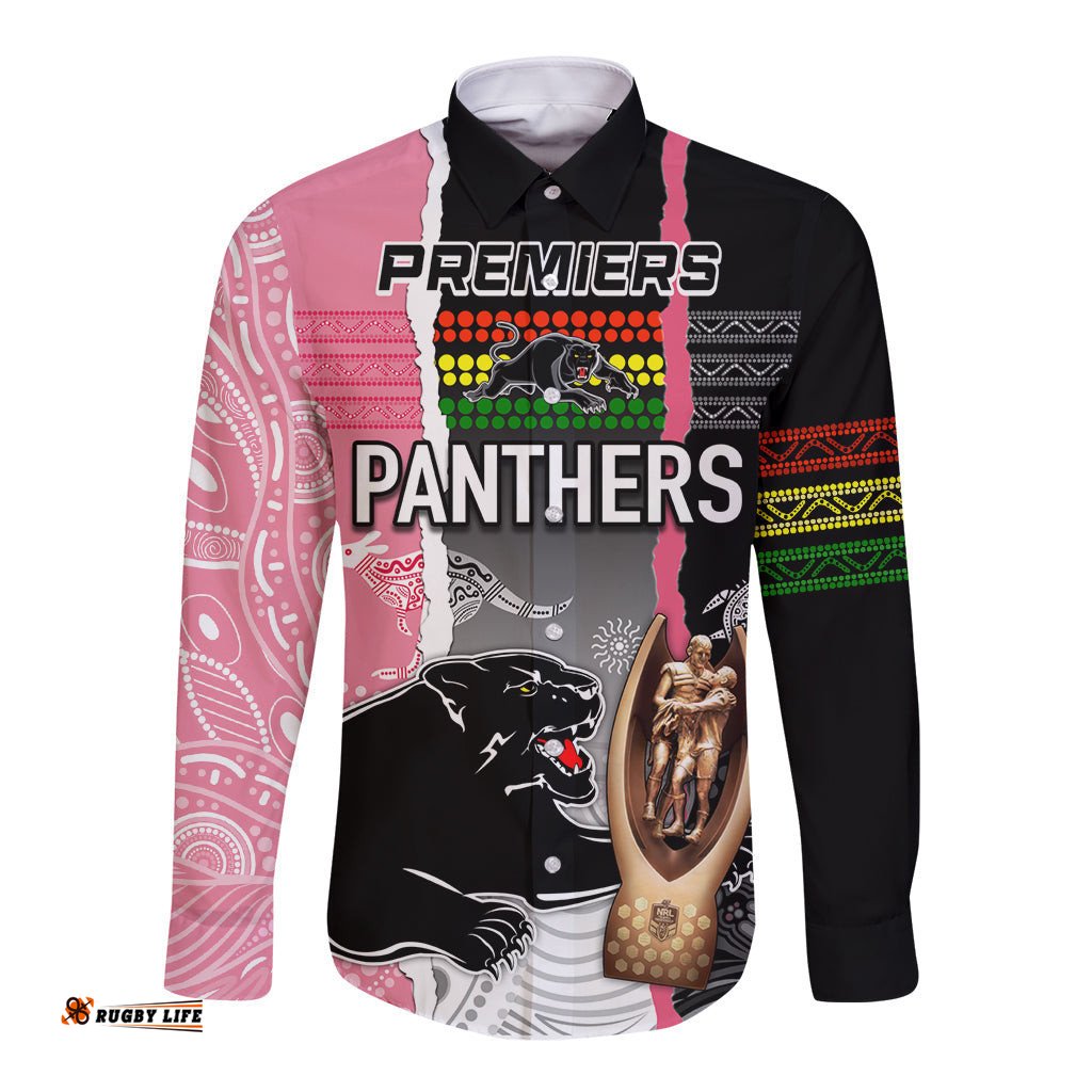 Personalised Panther Rugby NRL Premiers Long Sleeve Button Shirt Panther Pride Black & Pink Aboriginal Mix Art