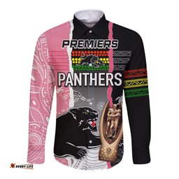 Personalised Panther Rugby NRL Premiers Long Sleeve Button Shirt Panther Pride Black & Pink Aboriginal Mix Art