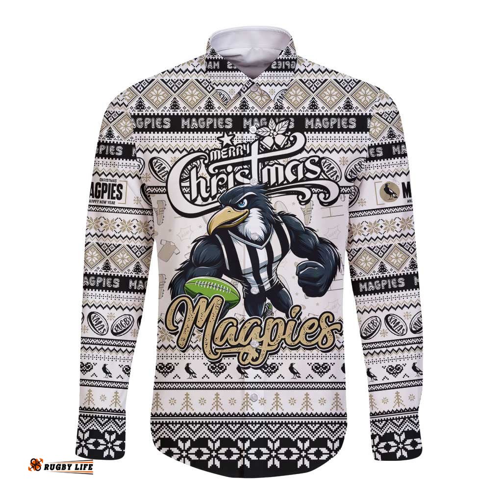 Personalized Magpies Football Xmas Long Sleeve Button Shirt Australia AFL Mascot