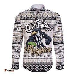 Personalized Magpies Football Xmas Long Sleeve Button Shirt Australia AFL Mascot