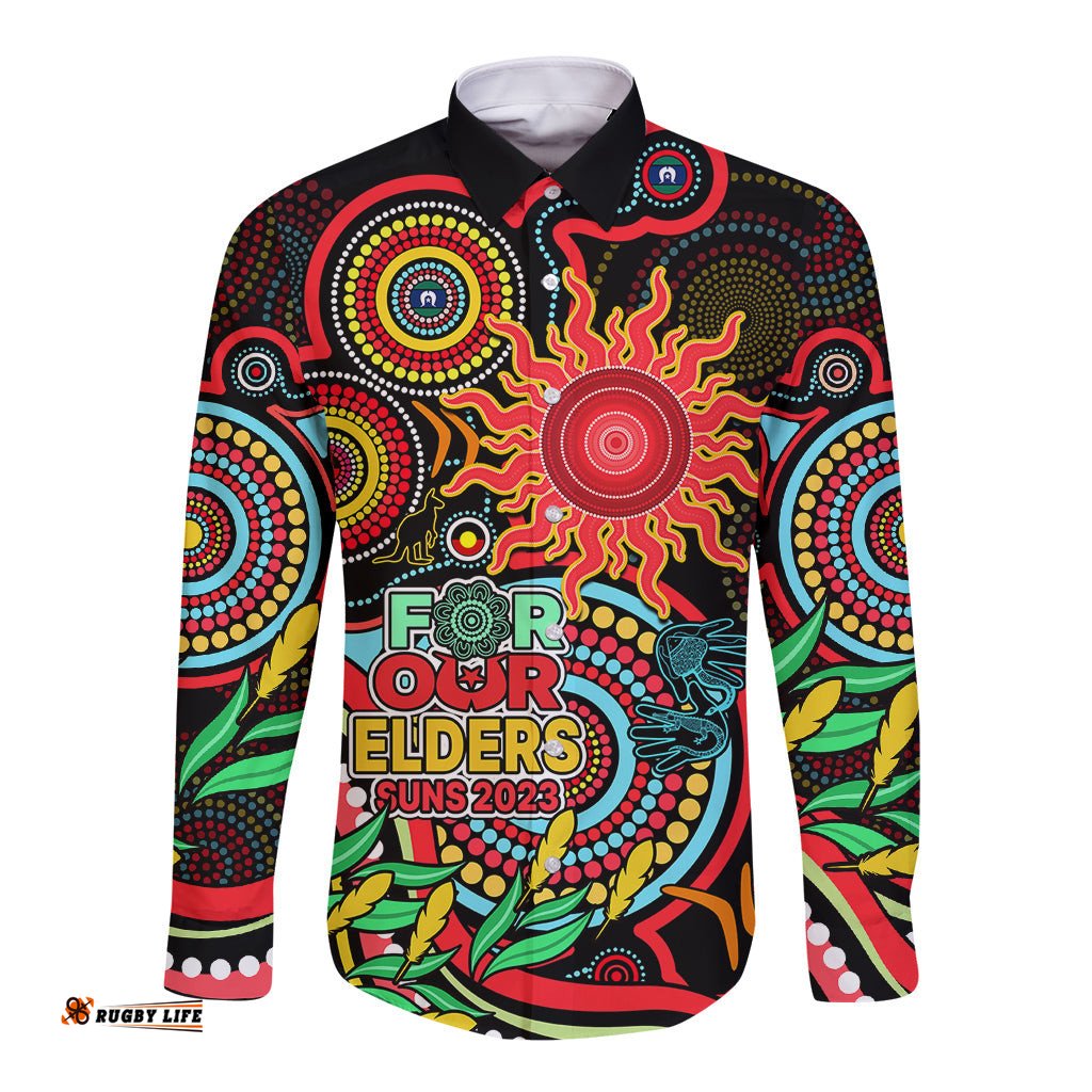 Suns Football Aboriginal Art Long Sleeve Button Shirt NAIDOC Indigenous Tribal