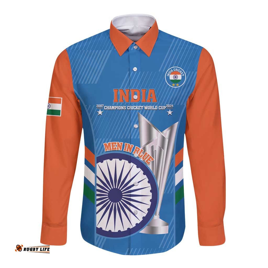 Custom India Cricket Long Sleeve Button Shirt 2nd Champions World Cup Men In Blue