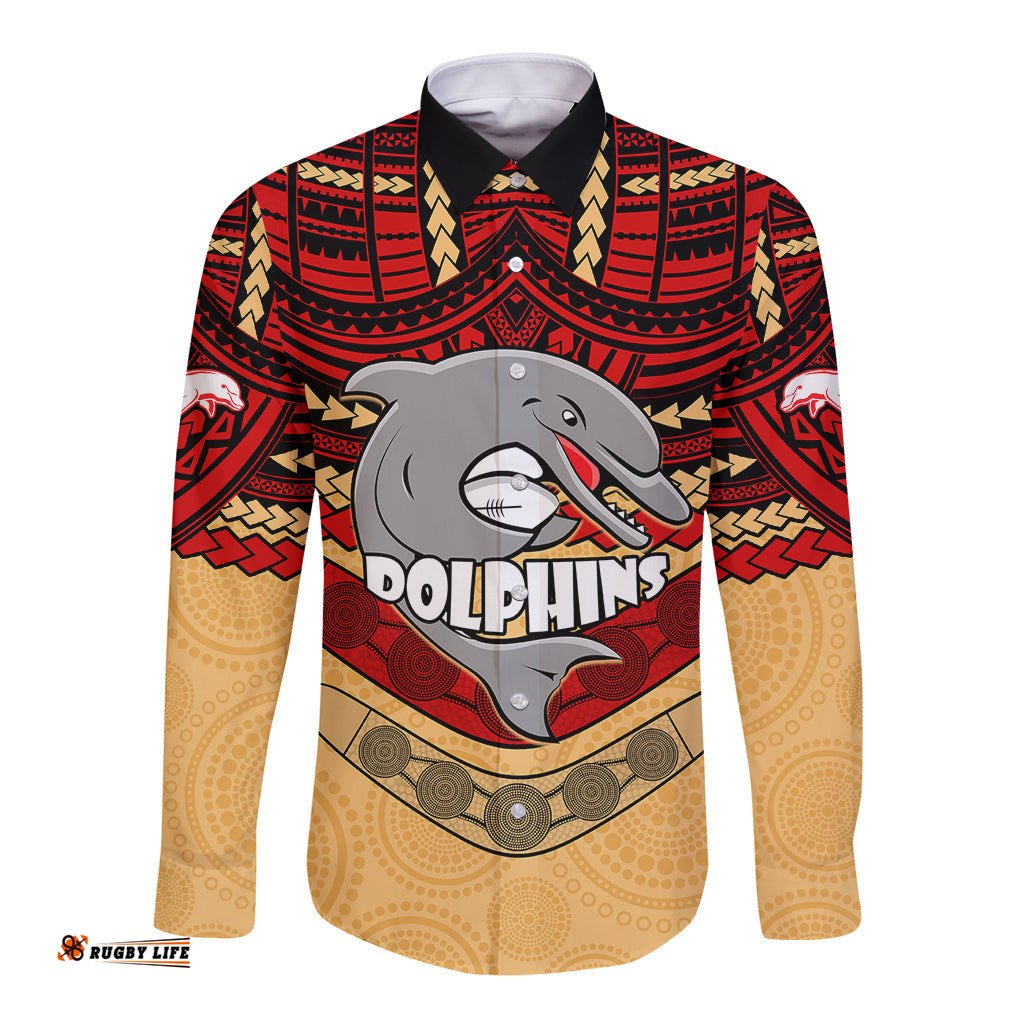 Dolphins Rugby Long Sleeve Button Shirt Polynesian and Aboriginal Vibe