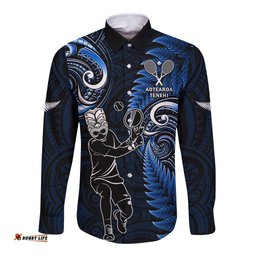 New Zealand Tiki Tennis Long Sleeve Button Shirt 2024 Aotearoa Tenehi Maori Silver Fern Blue