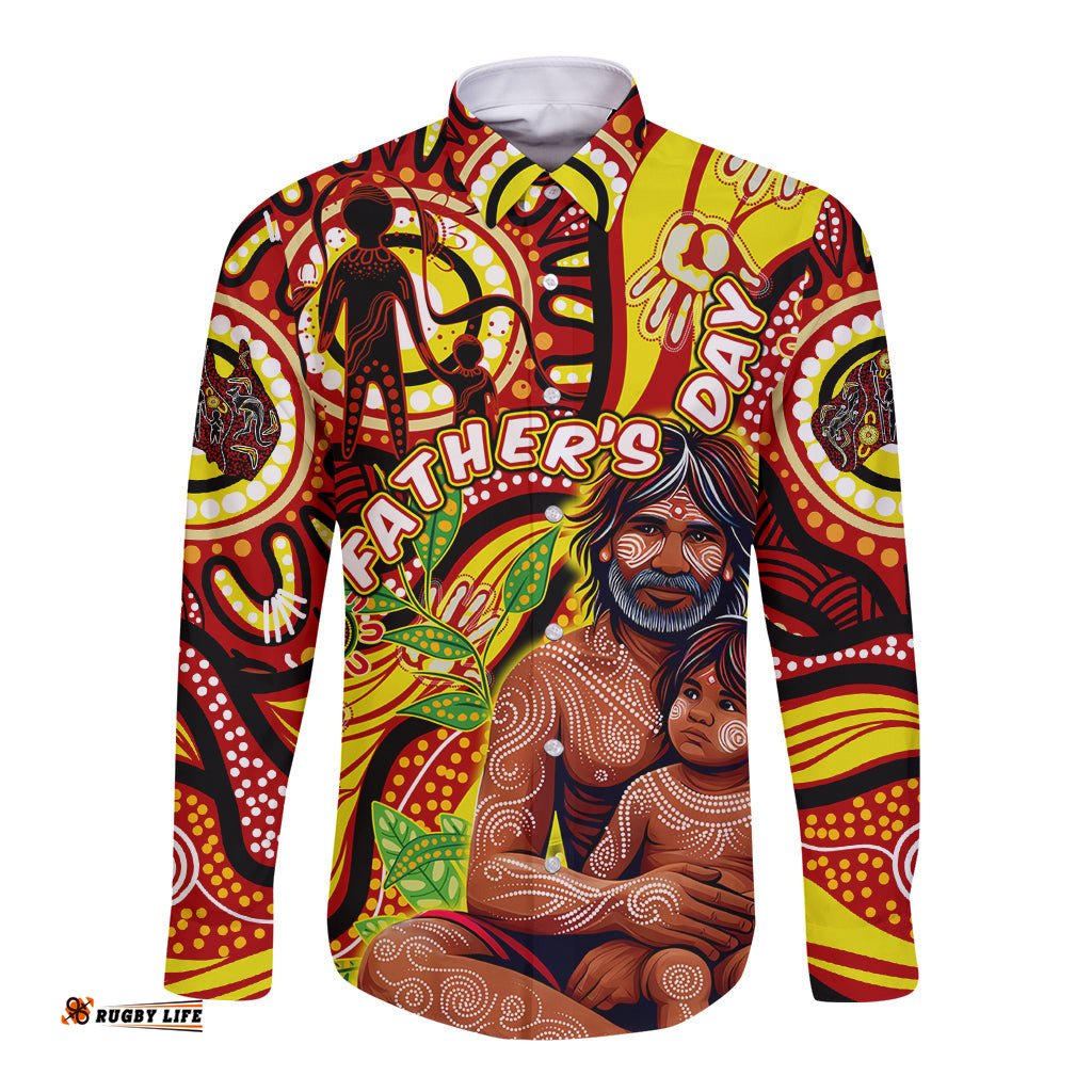 Custom Australia Father's Day Long Sleeve Button Shirt Aboriginal Father and Son
