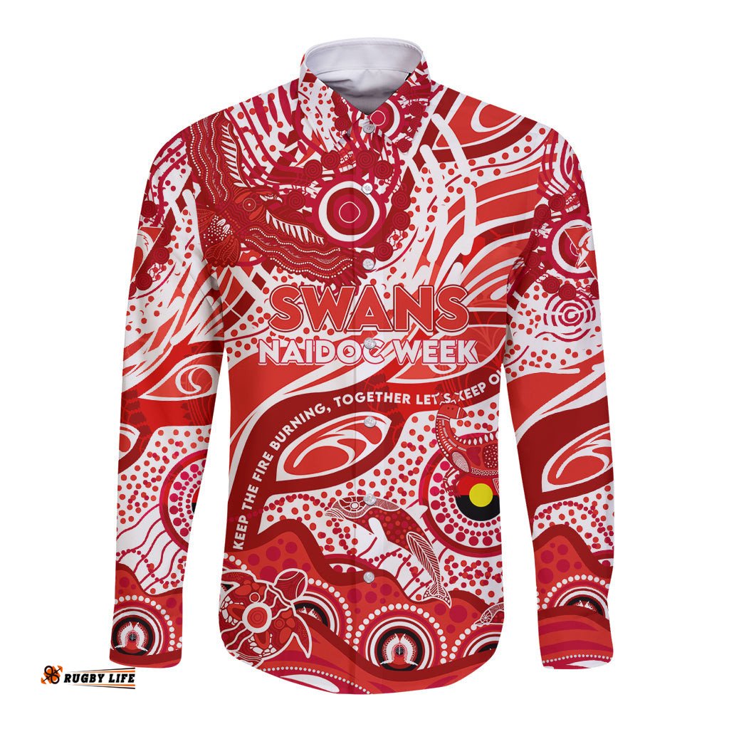 Custom NAIDOC Week 2024 Swans Long Sleeve Button Shirt Aboriginal Animals Keep The Fire Burning