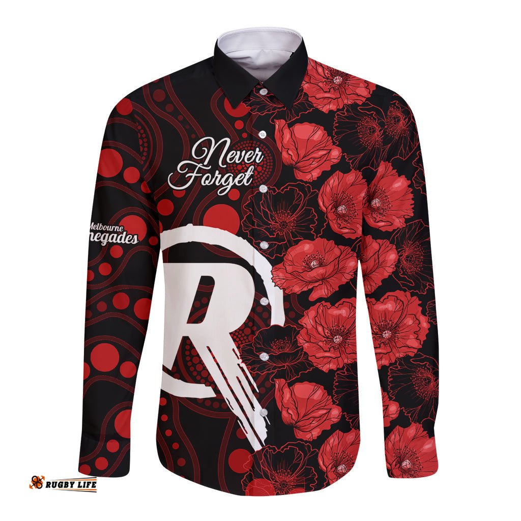 Renegades Cricket Never Forget Custom Long Sleeve Button Shirt ANZAC Day with Poppy Aboriginal