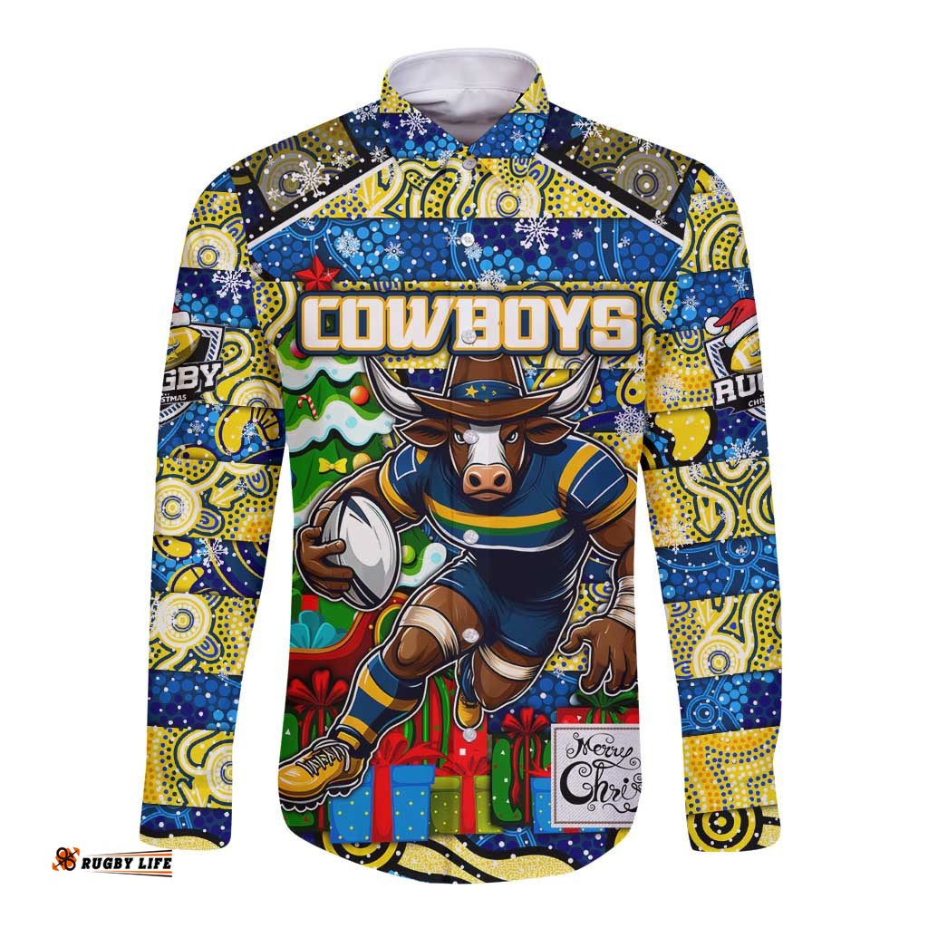 Custom Cowboys Rugby Merry Christmas Long Sleeve Button Shirt Indigenous Australian Art