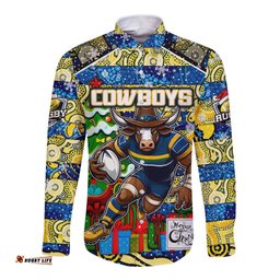 Custom Cowboys Rugby Merry Christmas Long Sleeve Button Shirt Indigenous Australian Art