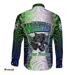 Personalised New Zealand Warriors Long Sleeve Button Shirt Maori Silver Fern Green